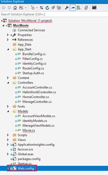 Screenshot che mostra la finestra Esplora Soluzioni con Web.config selezionato e cerchiato in rosso.