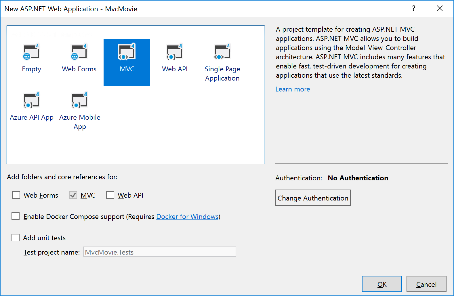 Screenshot che mostra la finestra di dialogo New ASP.NET Web Application. È selezionata l'opzione MVC.