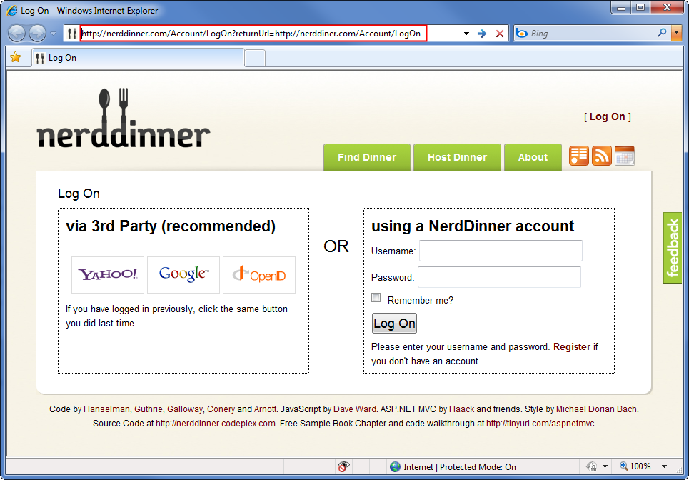 Screenshot che mostra la home page di Nerd Dinner dot com. La barra del titolo è evidenziata e riempita con l'URL che punta a Nerd Dinner dot com.
