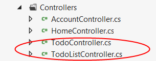 Screenshot che mostra la cartella Controllers aperta. 