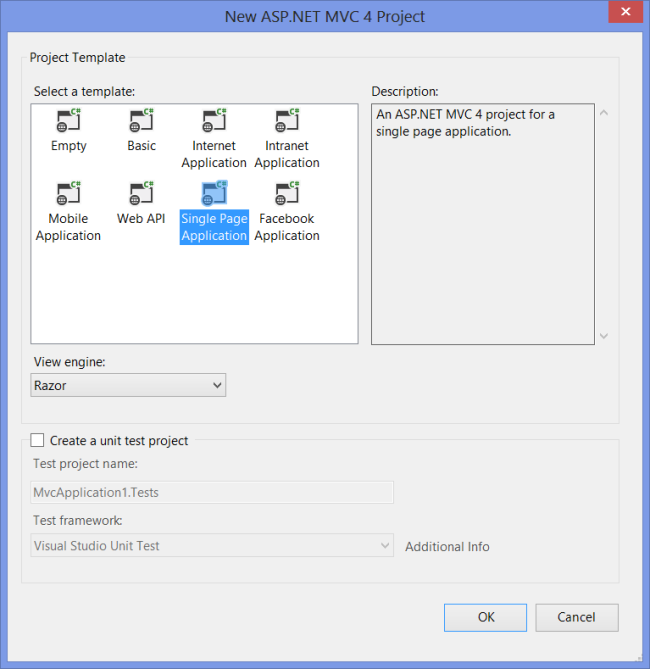 Screenshot che mostra la finestra di dialogo New A S P dot NET M V C 4 Project. Viene selezionato il modello Applicazione a pagina singola.