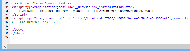 Screenshot della finestra Visualizza Sorgente nel browser, che mostra riferimenti di script speciali inseriti dal modulo h t t p.
