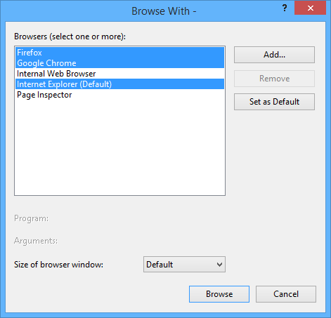 Screenshot della finestra di dialogo Esplora con, in cui appare l'istruzione di selezionare uno o più e i tre browser evidenziati e selezionati.