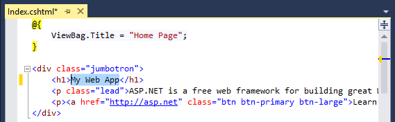 Screenshot di Visual Studio, con un progetto A S P dot Net visualizzato e l'intestazione H 1 evidenziata.