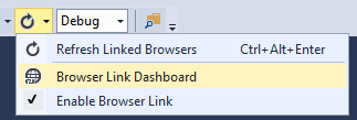 Screenshot di Visual Studio, con il pulsante Aggiorna evidenziato e il Dashboard di Browser Link evidenziato nel menu a discesa.