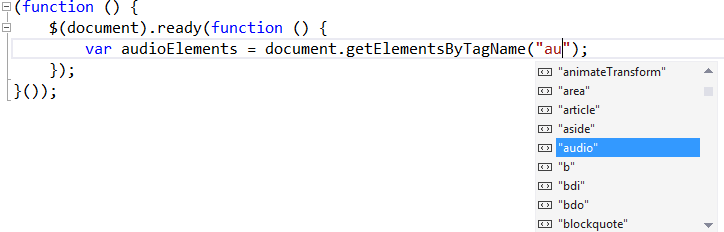 Visualizzazione di IntelliSense per il metodo getElementByTagName