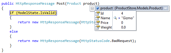 Screenshot del frammento di codice con sopra le opzioni del menu a discesa di ProductStore.Models.Product.