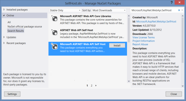 Screenshot della finestra di dialogo Gestisci pacchetti NuGet che mostra Microsoft ASP.NET Web API Self Host, evidenziato in blu.