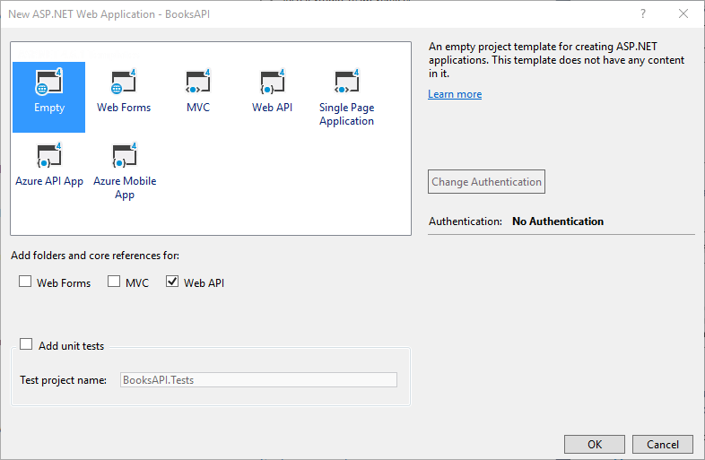 Immagine della nuova finestra di dialogo dell'applicazione web ASP.NET