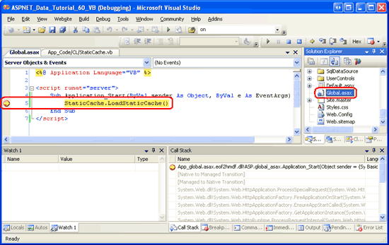 Usare un punto di interruzione per verificare che il gestore eventi Application_Start sia in esecuzione