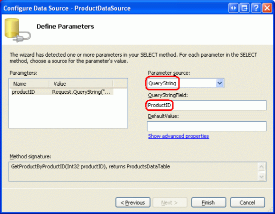 Configurare il parametro productID per eseguire il pull del relativo valore dal campo Querystring ProductID