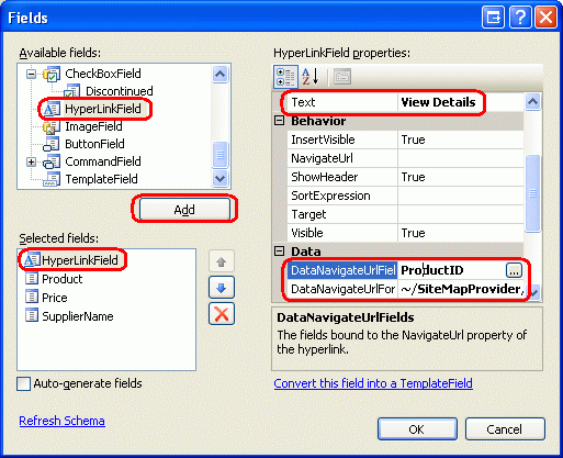 Aggiungi un HyperLinkField per visualizzare i dettagli che punta a ProductDetails.aspx