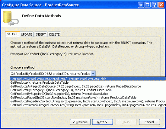 Configurare ObjectDataSource per l'utilizzo del metodo GetProductByProductID(productID)