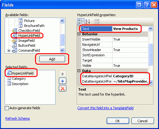 Aggiungere un oggetto HyperLinkField alle categorie GridView