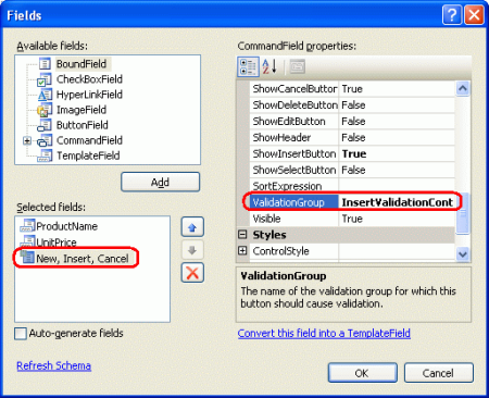 Impostare la proprietà ValidationGroup di CommandField di DetailsView su InsertValidationControls