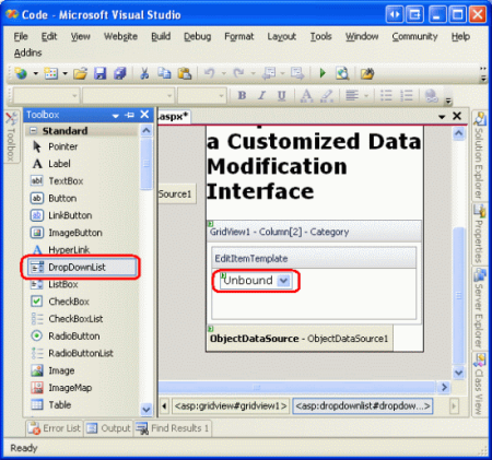 Rimuovere TextBox e aggiungere un menu a discesa all'EditItemTemplate