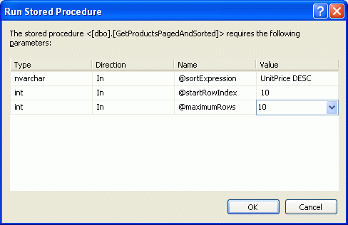 Prova valori diversi per i tre parametri di input della stored procedure
