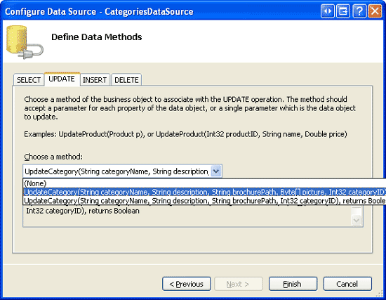 Configurare ObjectDataSource per l'utilizzo del metodo UpdateCategory che include un parametro per l'immagine