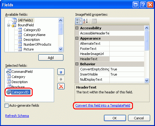 Convertire l'ImageField in un TemplateField