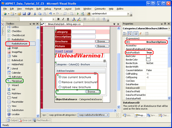 Aggiungere un controllo RadioButtonList e FileUpload a EditItemTemplate