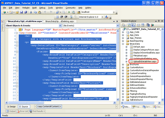 Copiare il markup dichiarativo da UploadInDetailsView.aspx
