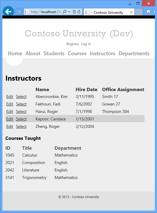 Screenshot che mostra la pagina degli istruttori con un singolo insegnante evidenziato e che mostra i corsi che insegna.