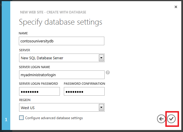 Passaggio Impostazioni database del Nuovo sito Web - Creazione guidata con database
