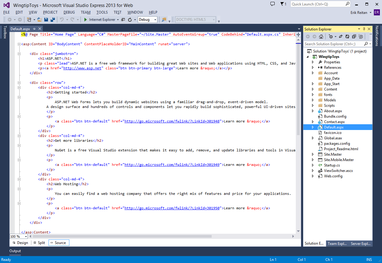 Screenshot della finestra di Microsoft Visual Studio Express 2013 for Web che mostra la pagina Default.aspx.