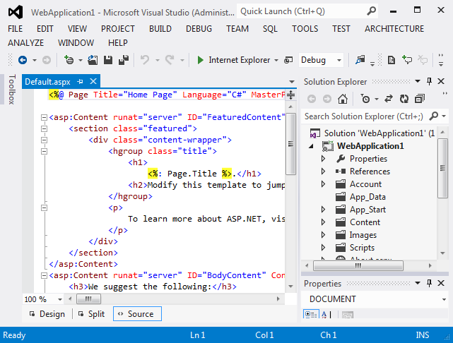 Nuova applicazione Web Form nella visualizzazione origine