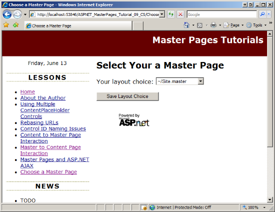 Le pagine di contenuto vengono visualizzate utilizzando la pagina master Site.master
