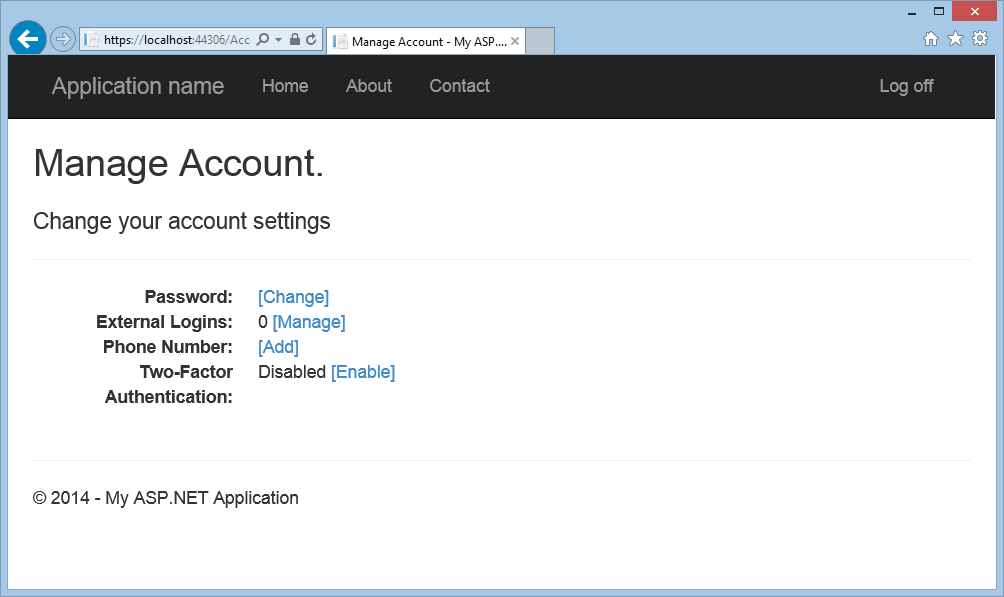 Screenshot della finestra del browser Gestisci account che mostra l'elenco delle impostazioni dell'account e i collegamenti di opzione per modificarli.