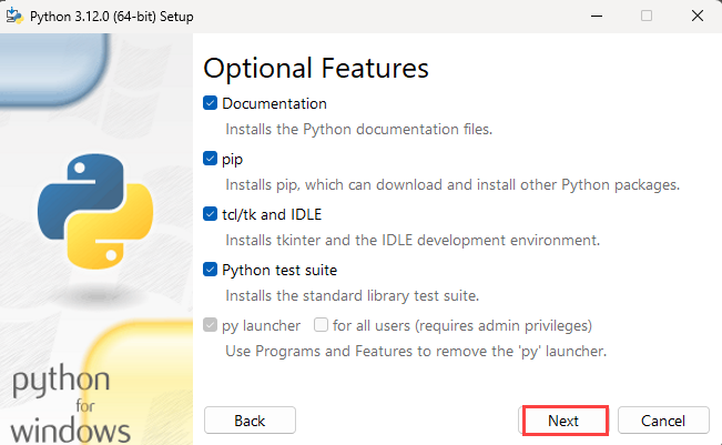 Screenshot del passaggio 2 dell'installazione di Python con funzionalità facoltative.
