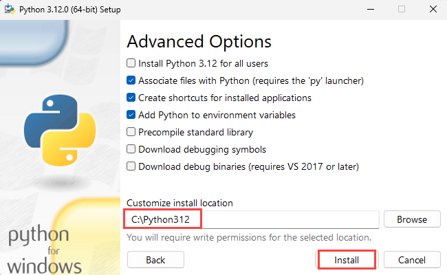 Screenshot del passaggio 3 di installazione Python con percorso personalizzato.