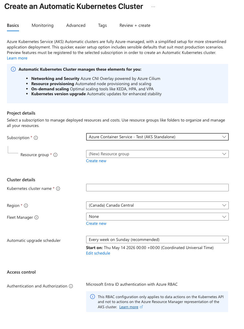 Screenshot della scheda Crea - Informazioni di base per un cluster AKS Automatico nel portale di Azure.
