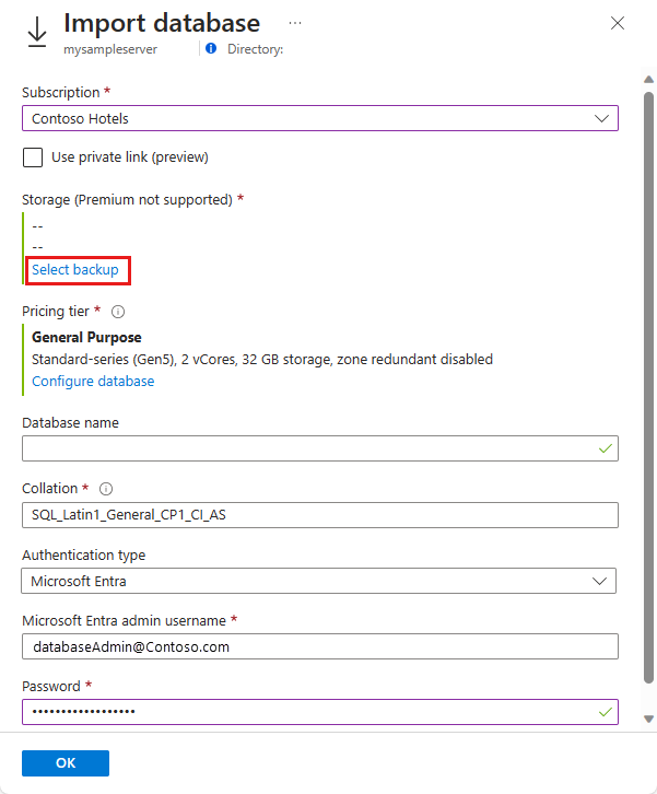 Screenshot del portale di Azure, Pagina importazione database.