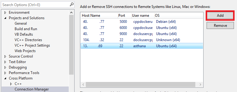 Screenshot da Opzioni degli strumenti per creare e rimuovere connessioni SSH.