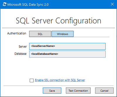 Schermata dell'applicazione agente client Microsoft SQL sincronizzazione dati 2.0. Aggiungi e configura un database di SQL Server.