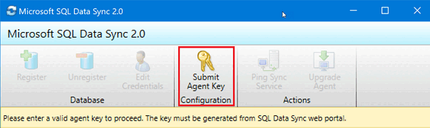 Screenshot dell'applicazione agente client di sincronizzazione dati Microsoft SQL 2.0. Il pulsante Consegna Chiave Agente è evidenziato.