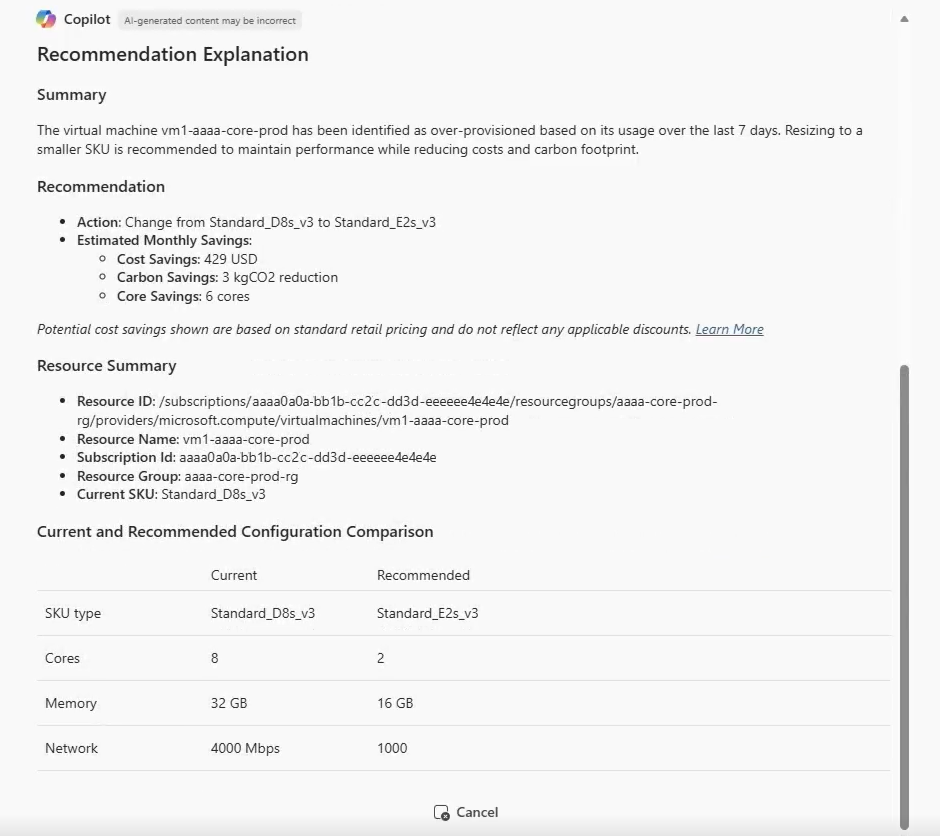 Screenshot di Azure Copilot che fornisce una raccomandazione di ottimizzazione.