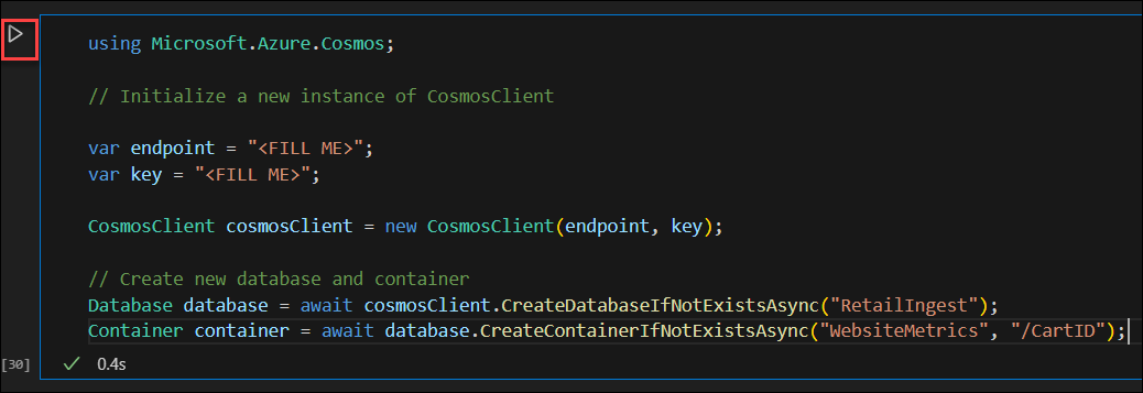 Screenshot della cella Execute in Visual Studio Code Jupyter Notebook C#.