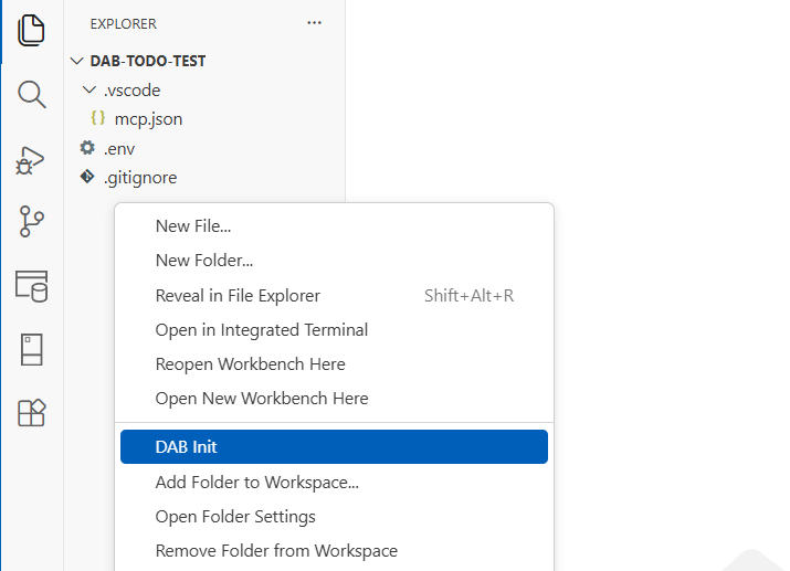 Screenshot del comando DAB Init che crea un nuovo file di configurazione in Visual Studio Code.