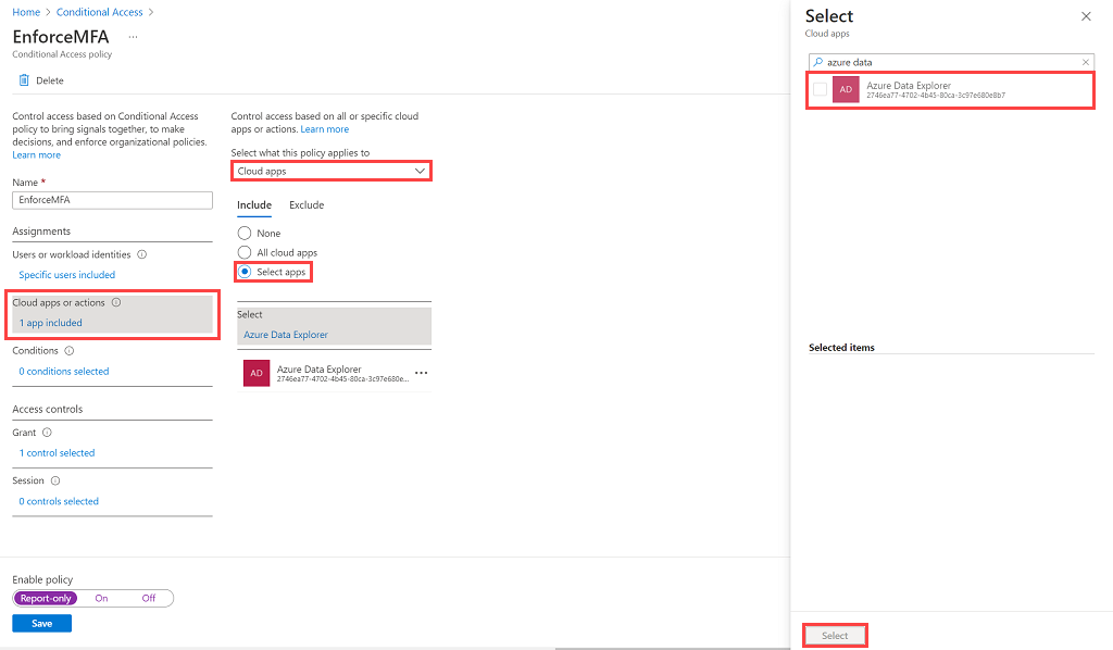 Screenshot della sezione app cloud che mostra la selezione dell'app Azure Esplora Dati.