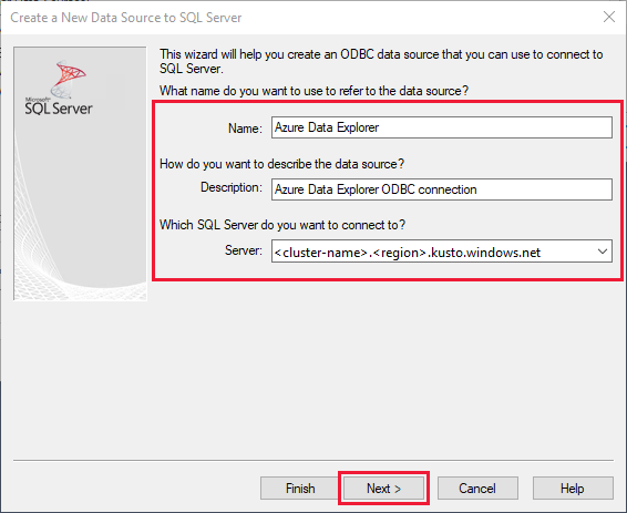 Screenshot della finestra Configurazione origine dati che mostra il campo Server e un formato di URL del cluster di esempio.