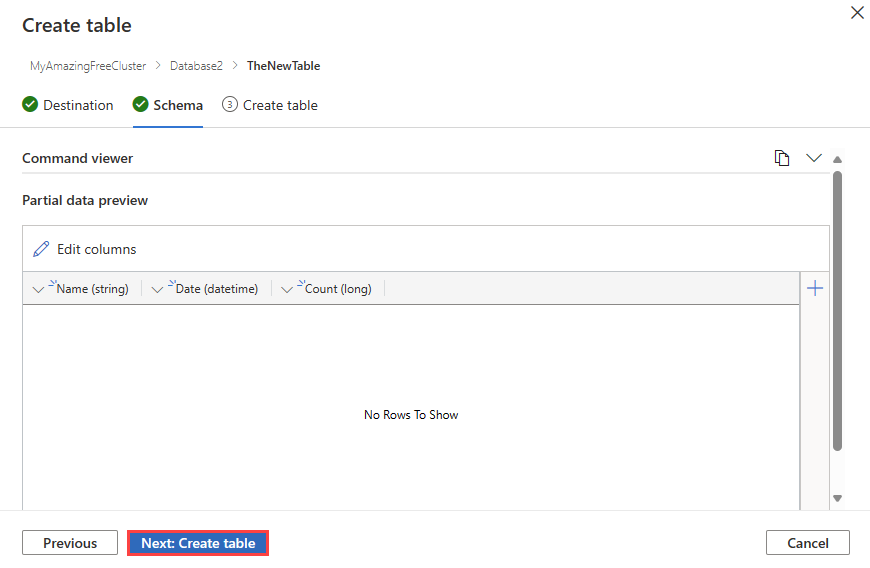 Screenshot della creazione di una tabella vuota guidata con l'input dello schema in Azure Data Explorer.