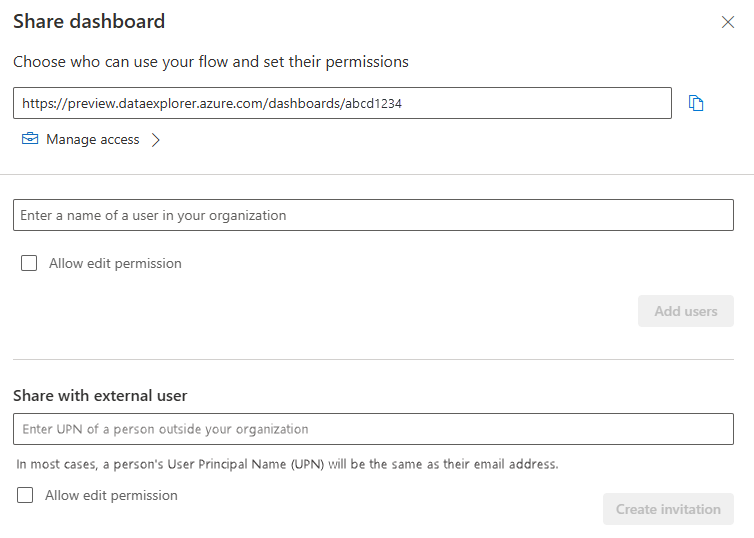 Screenshot della condivisione di un dashboard di Azure Data Explorer in un tenant esterno.
