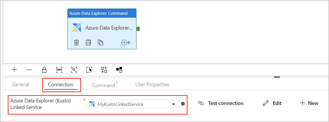 scheda di connessione dell'attività di comando Esplora di Azure Dati.