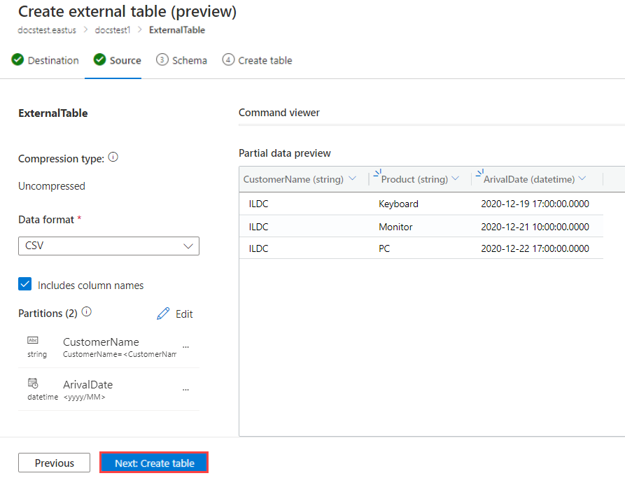 Screenshot della tabella esterna dello schema in Azure Data Explorer.
