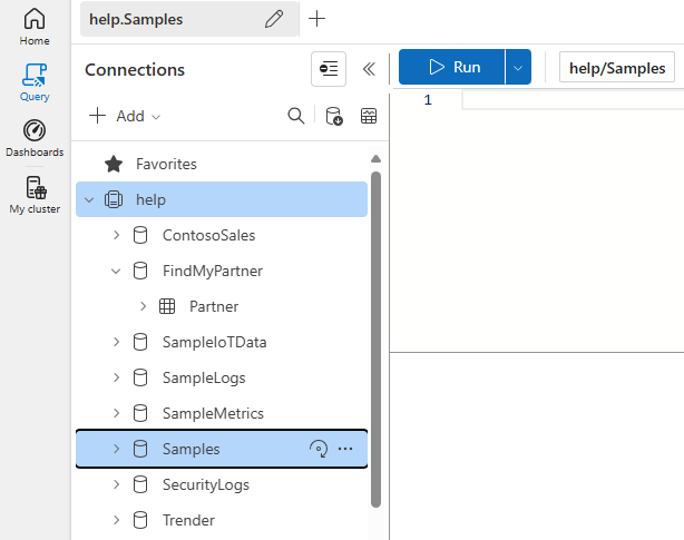 Schermata del database Samples selezionato.