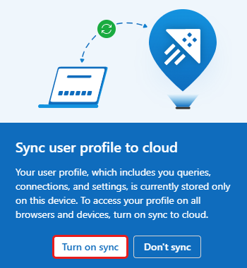 Screenshot della finestra di dialogo Sincronizzazione del profilo utente con il cloud con il pulsante Attivazione della sincronizzazione evidenziato.
