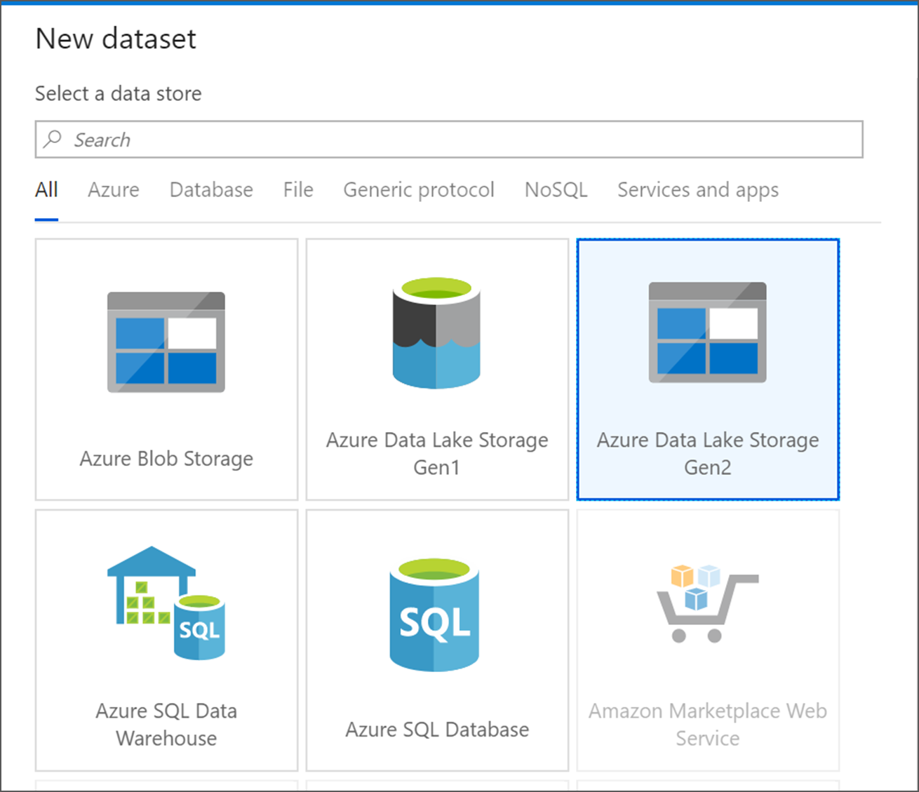 Screenshot che mostra dove si trova il riquadro Azure Data Lake Storage Gen2.